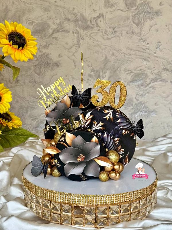Elegant Black & Gold Floral Birthday Cake – Age 30