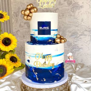 2-Tier Blue & Gold Marbled Birthday Cake (7" & 10")