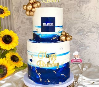 2-Tier Blue & Gold Marbled Birthday Cake (7" & 10")