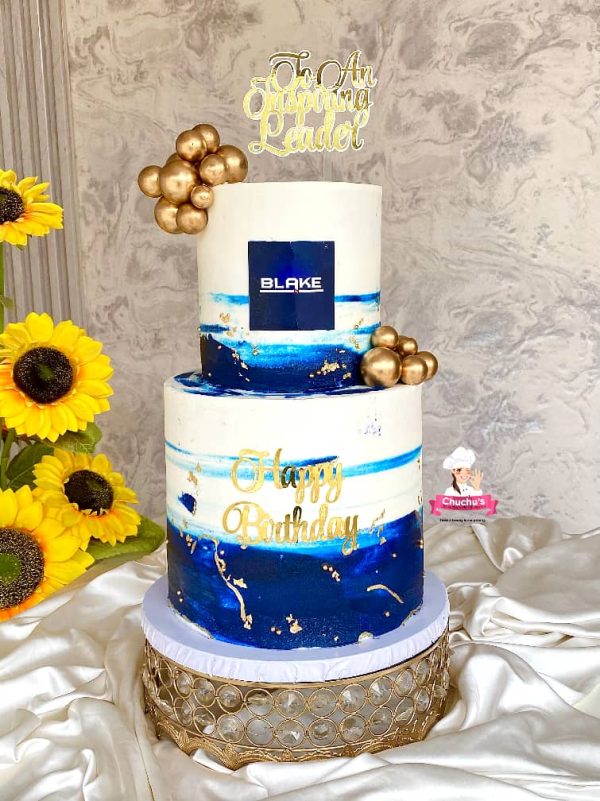 2-Tier Blue & Gold Marbled Birthday Cake (7" & 10")