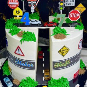 Split Road Traffic Theme Cake with Toy Cars (12” – 4 Layers)