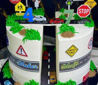 Split Road Traffic Theme Cake with Toy Cars (12” – 4 Layers)