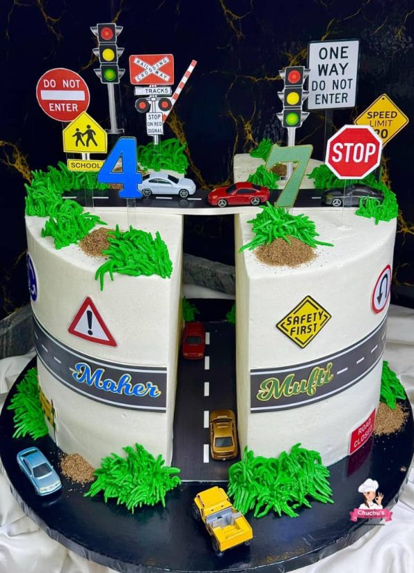 Split Road Traffic Theme Cake with Toy Cars (12” – 4 Layers)