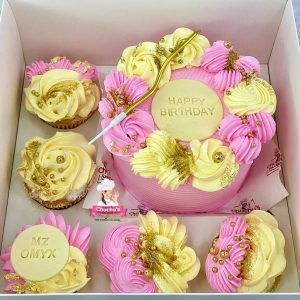 Pink & Yellow Bento Cake with 5 Cupcakes – Birthday Set